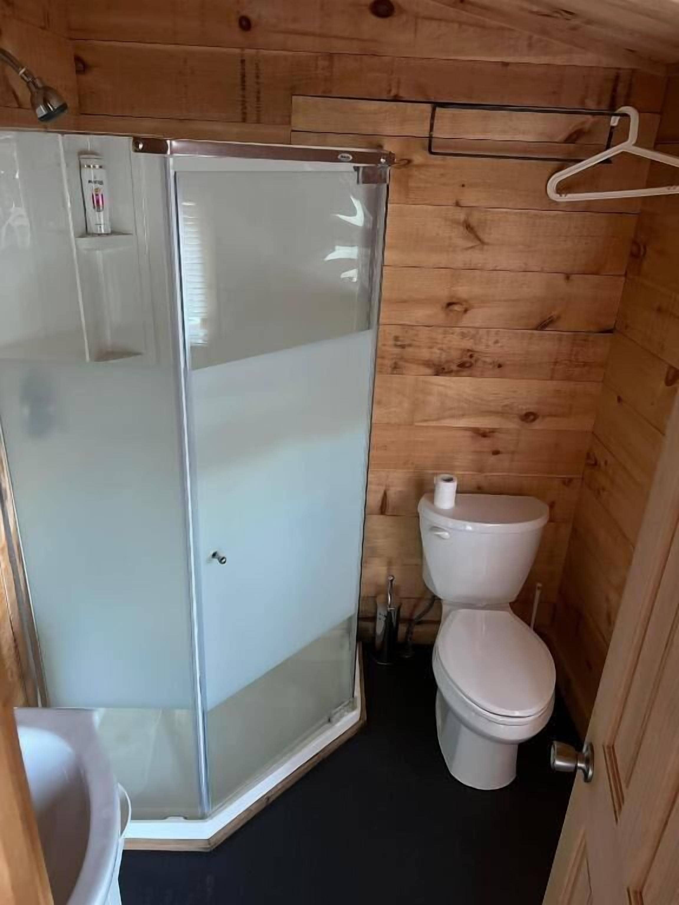 Pieni, käytännöllinen kylpyhuone, jossa on lasinen suihkuseinä, wc ja pesuallas.