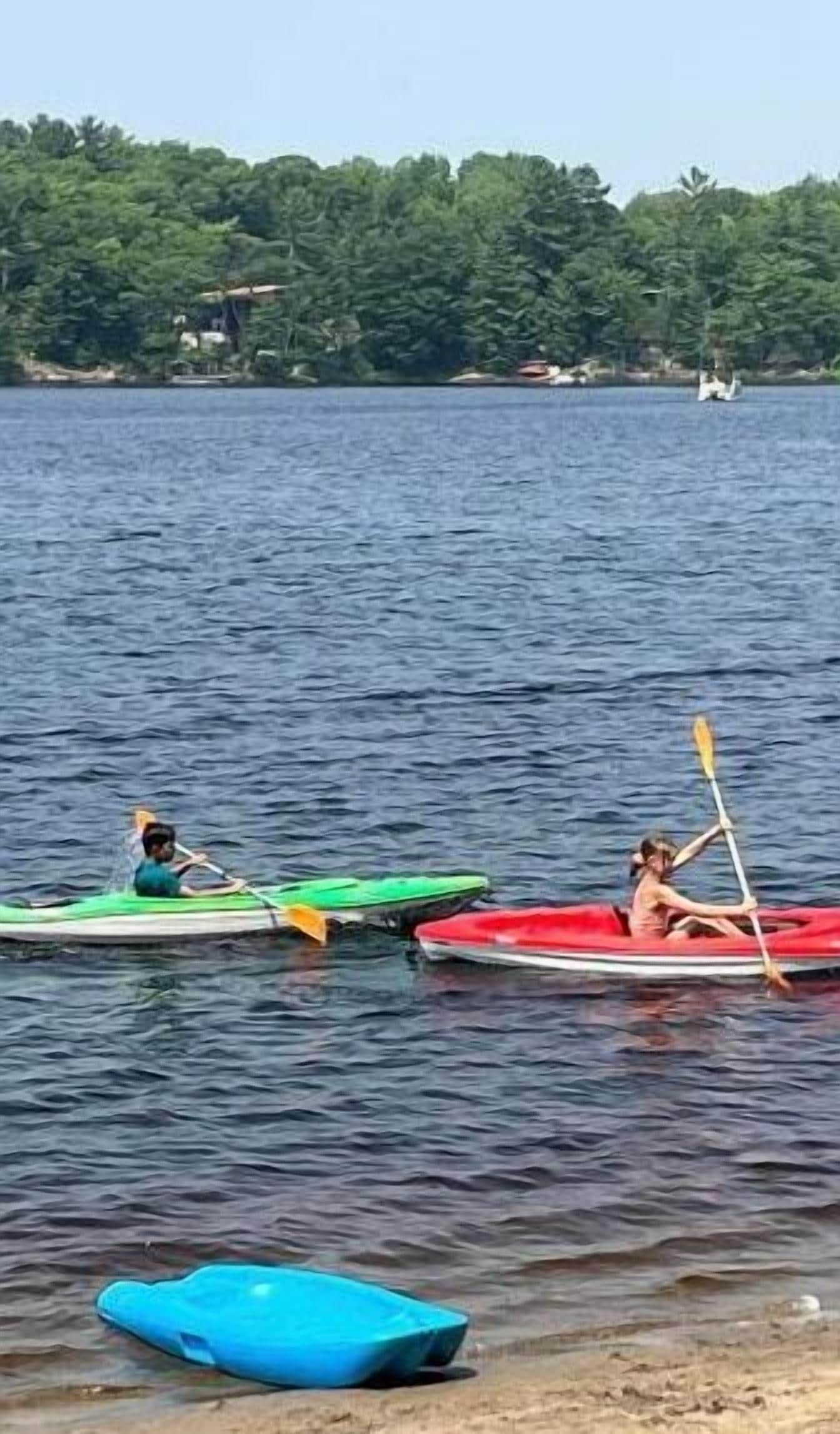 Dos kayaks sobre un lago tranquilo con una orilla boscosa al fondo.