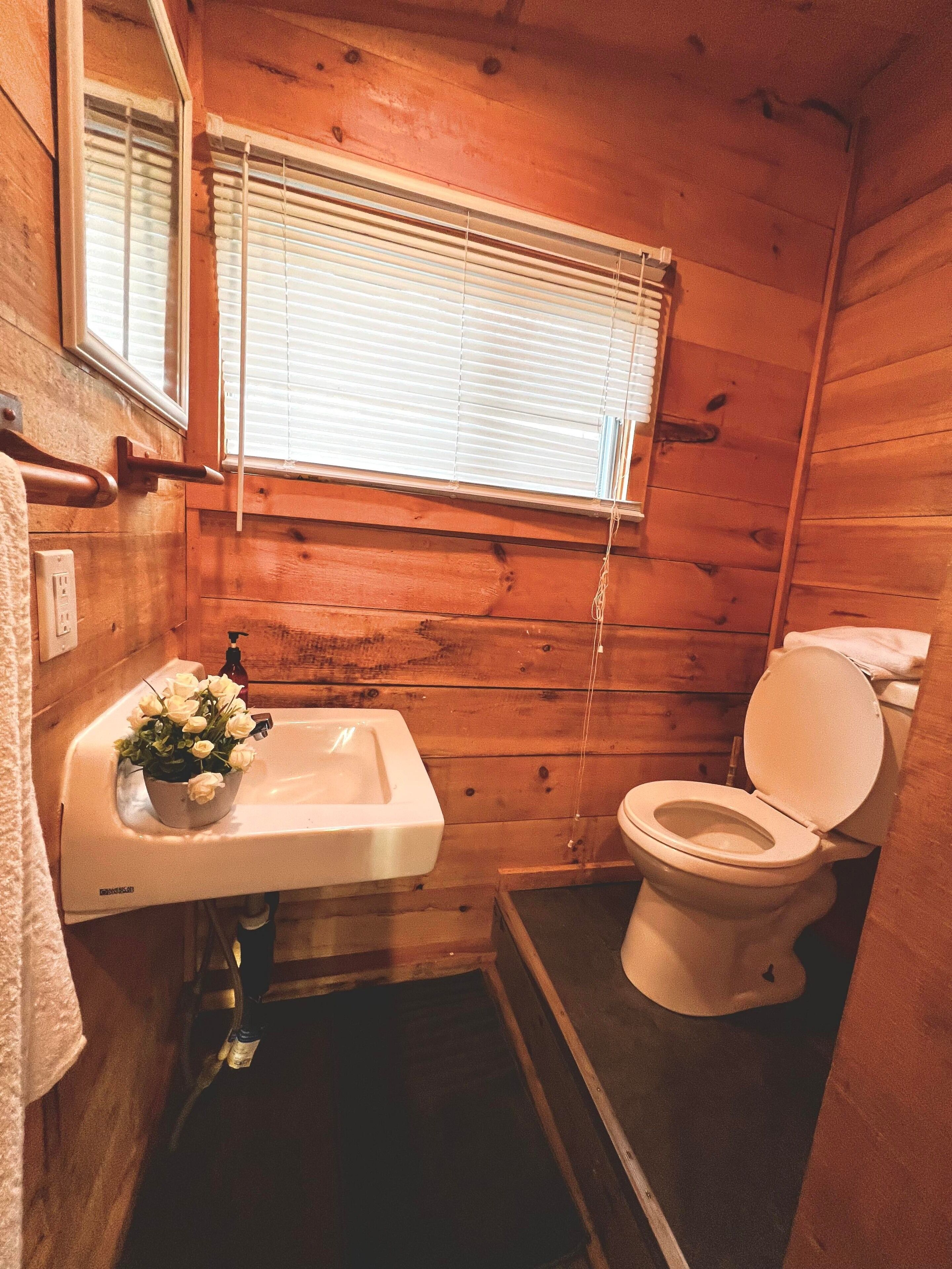 A small, wooden cabin bathroom with a sink, toilet, and window.