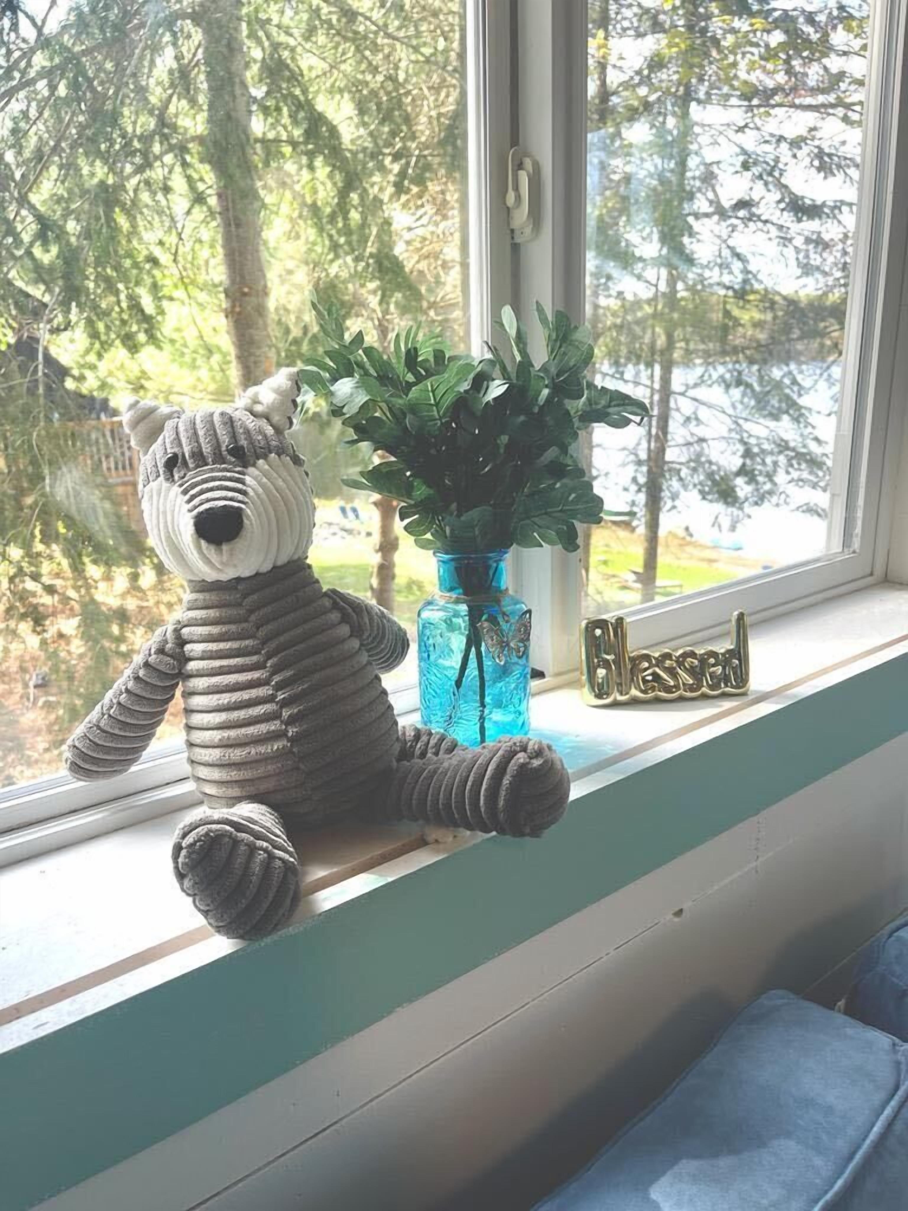 Un orsetto di peluche su un davanzale, accanto a un vaso azzurro con una pianta.