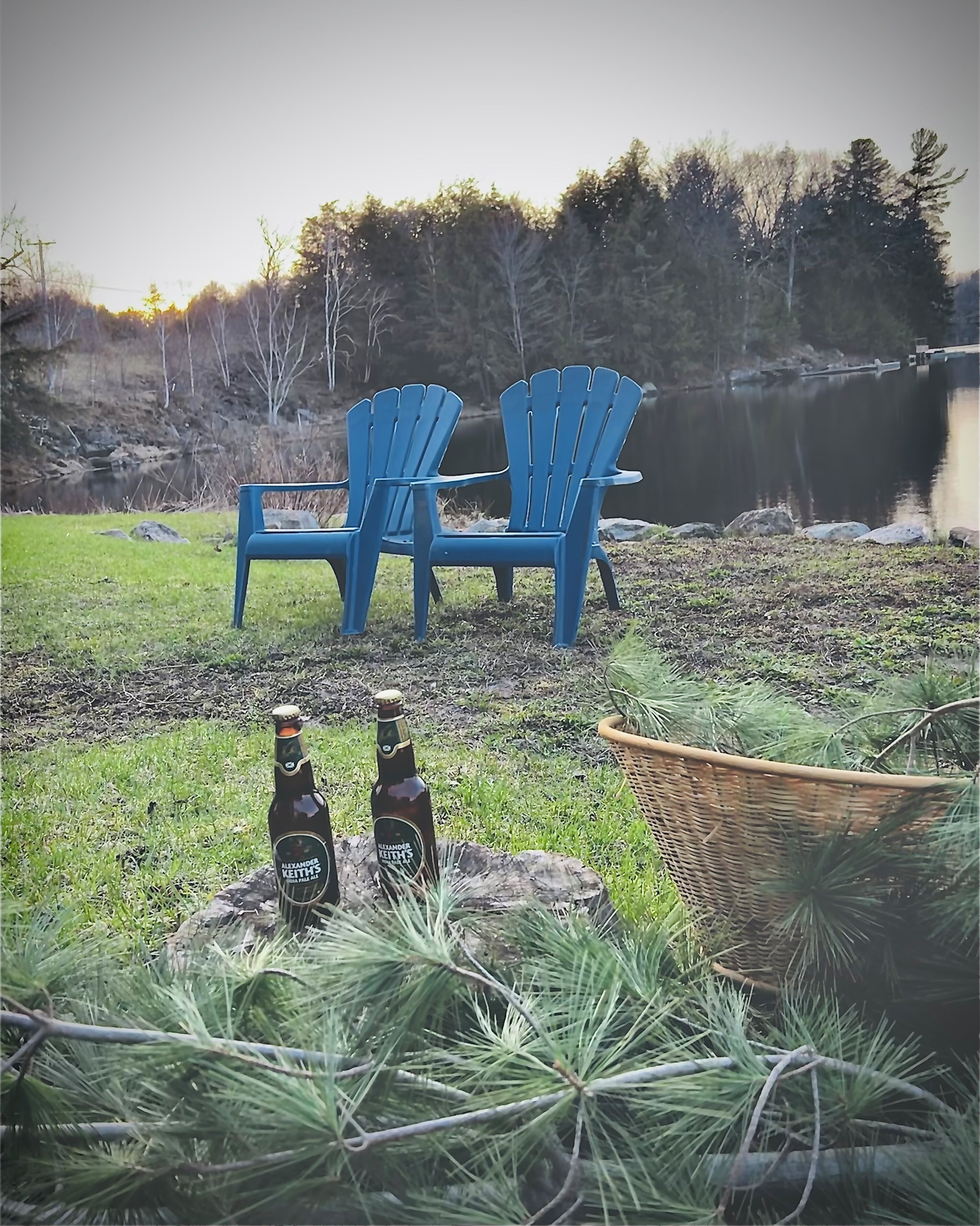 Lammella on kaksi sinistä Adirondack-tuolia, ja niiden lähellä olevalla kivellä on kaksi pulloa Alexander Keith’s -olutta.