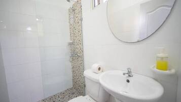 Regadera, toallas, jabón, papel de baño