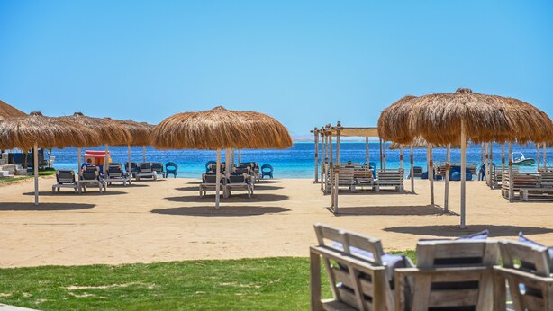 Une plage avec des parasols en chaume et des chaises longues en bois.