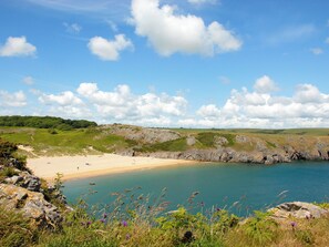 Un paysage côtier avec une plage de sable, une eau calme et des collines douces.