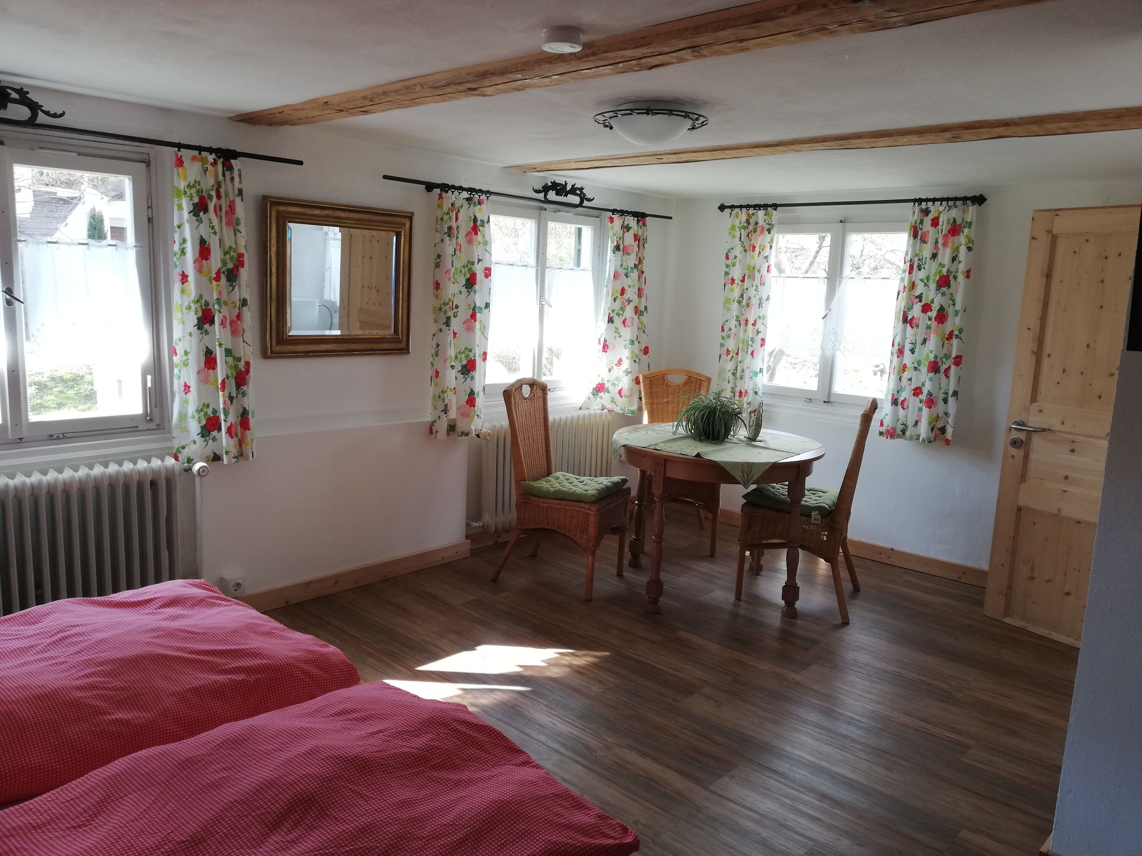 Een gezellige kamer met houten vloer, een eettafel met stoelen, een radiator en een bed met rode beddengoed.