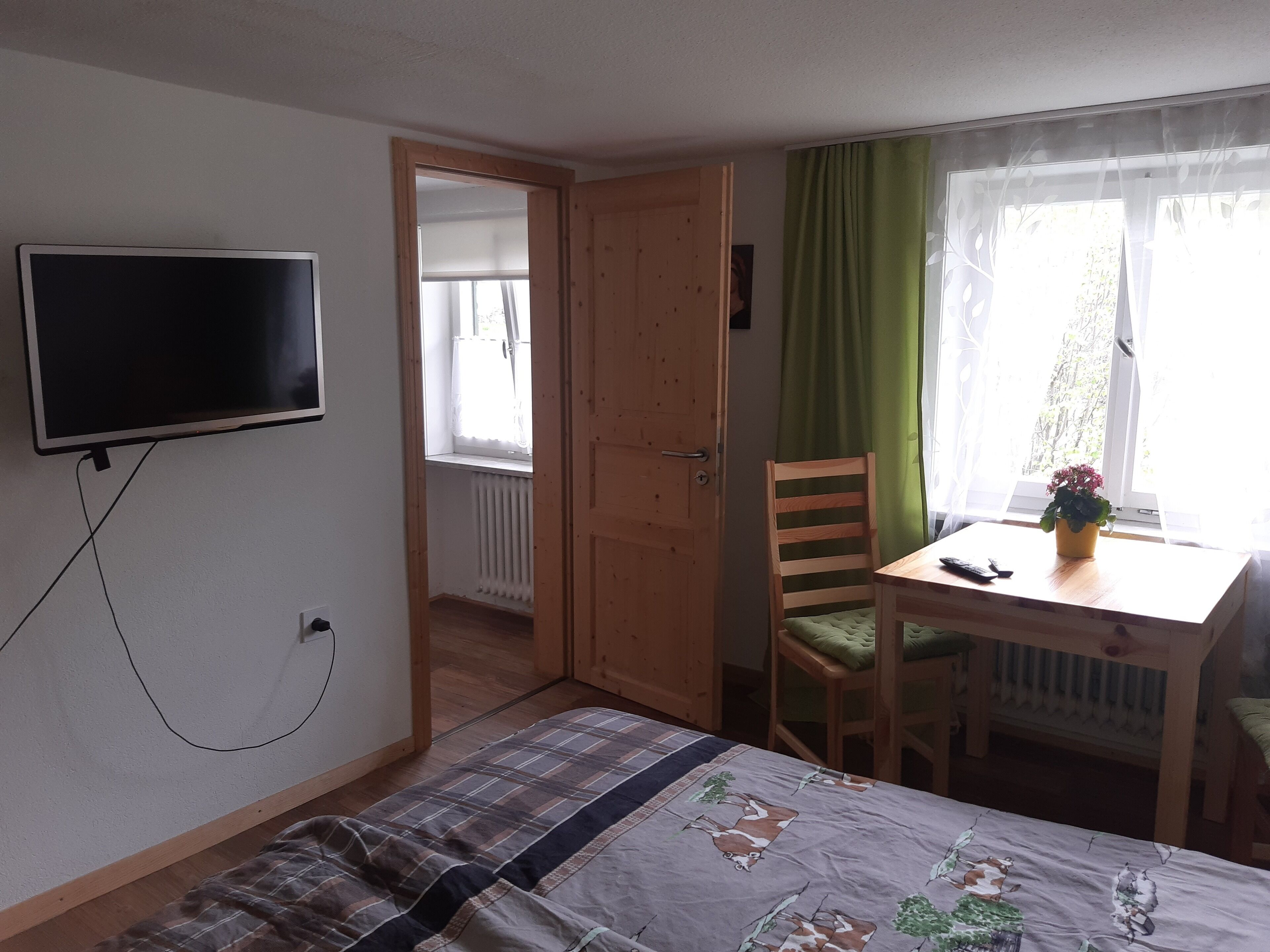 A bedroom with a bed, a TV mounted on the wall, a wooden door, a window with curtains, a small table with a plant, and a chair.