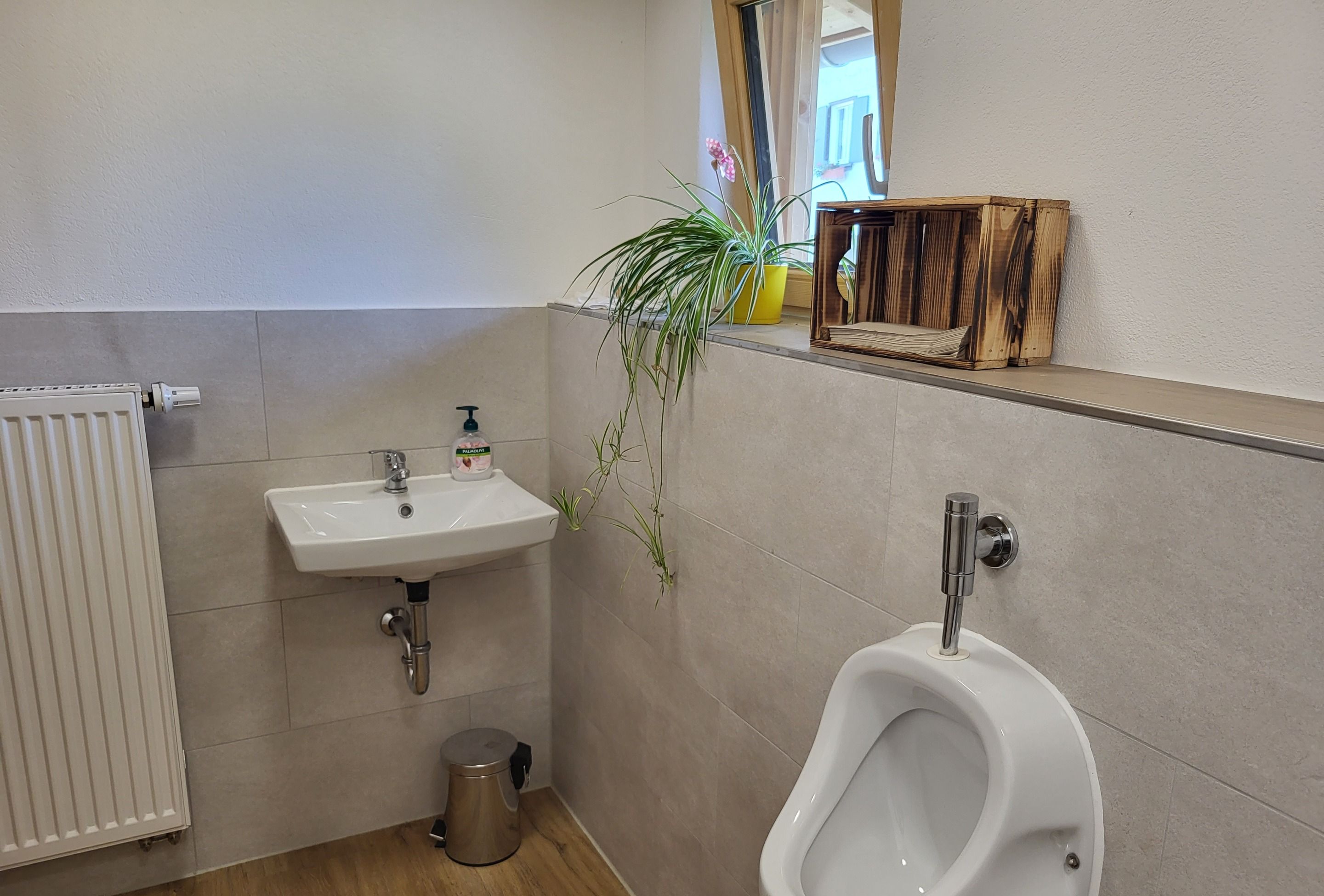 Ein Badezimmer mit weißem Waschbecken, Urinal, Toilette, Heizkörper und einer kleinen Topfpflanze.