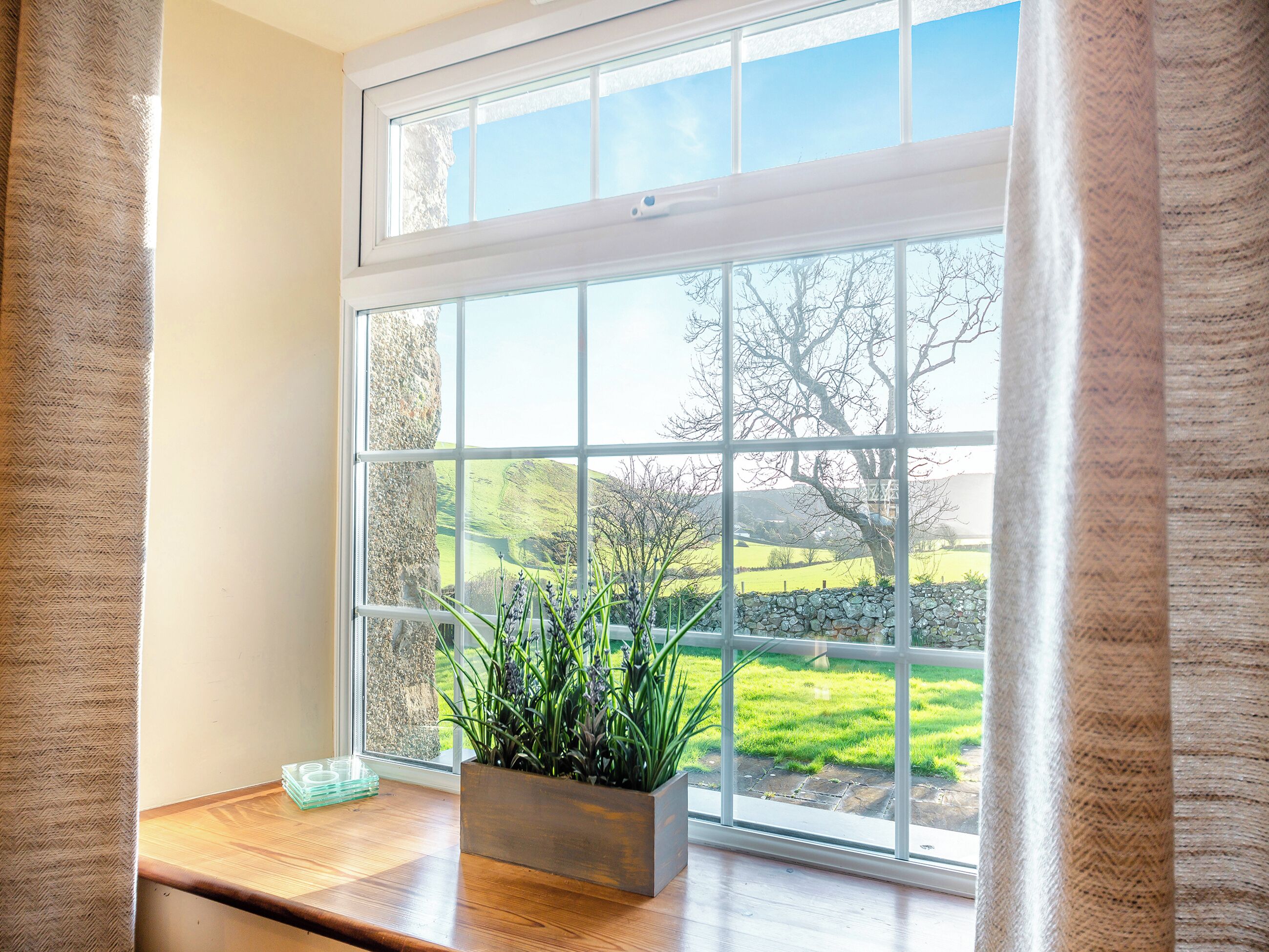 A room with a large window, a wooden bench, and a potted plant.