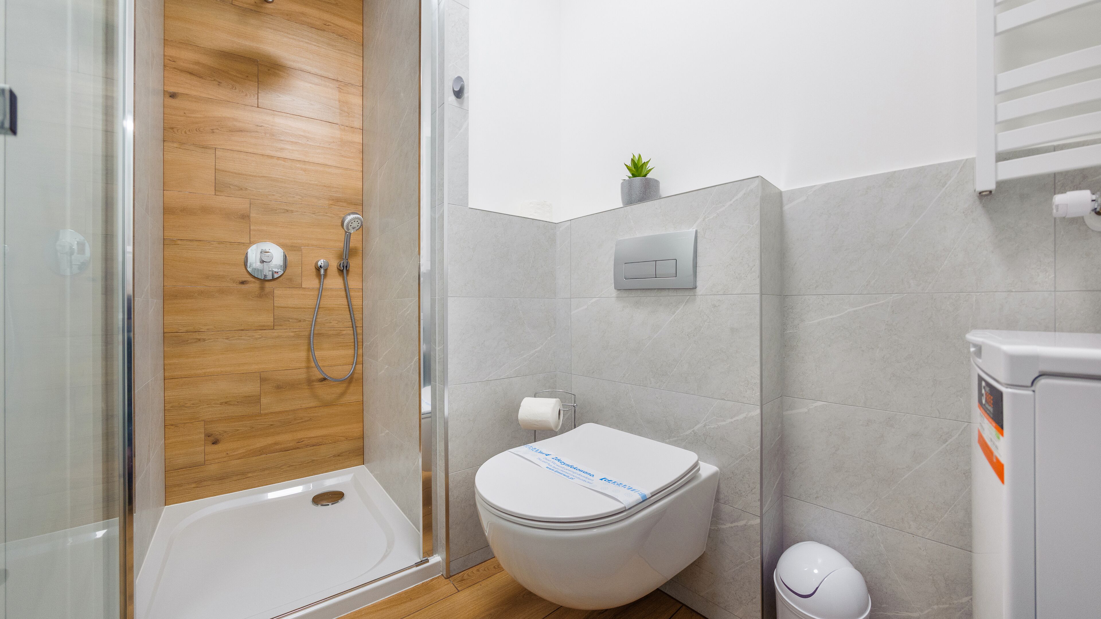 A modern bathroom with a shower, toilet, and a small potted plant on the wall.