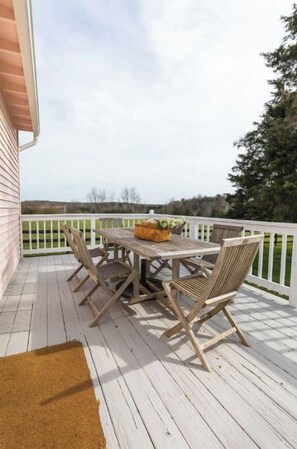 A wooden deck with a table and chairs, a potted plant, and a view of the landscape.