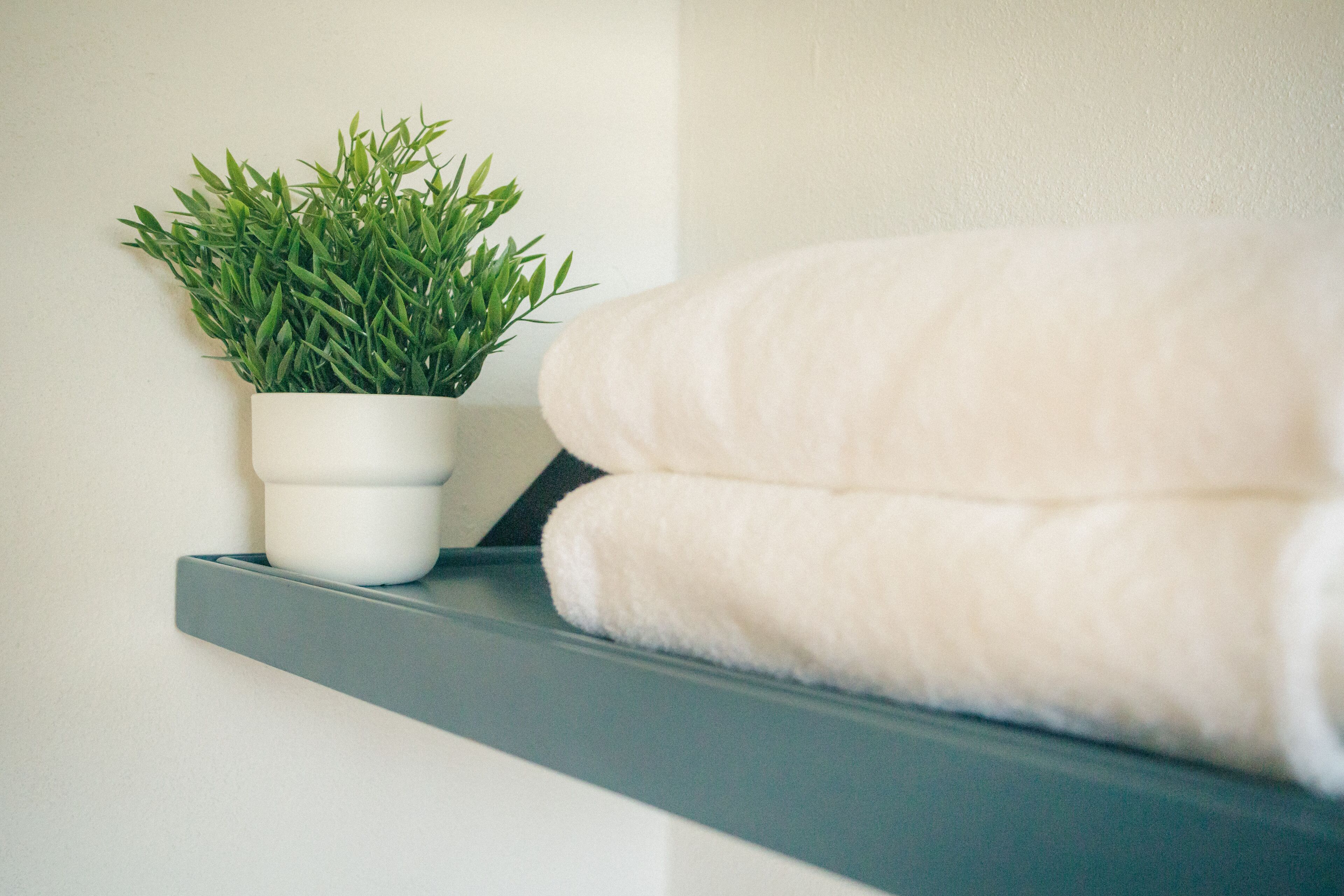 A white potted plant on a shelf next to a folded white towel.