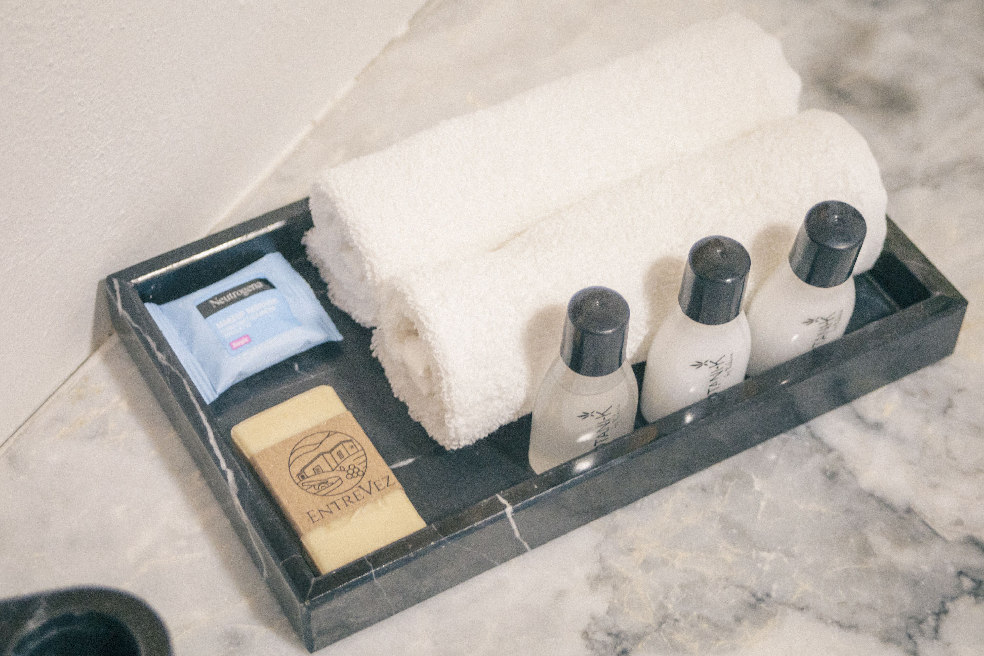 master suite | bathroom | shower, hair dryer, towels, soap