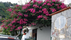 Un muro de piedra con una placa, un edificio blanco y plantas de flores rosadas.
