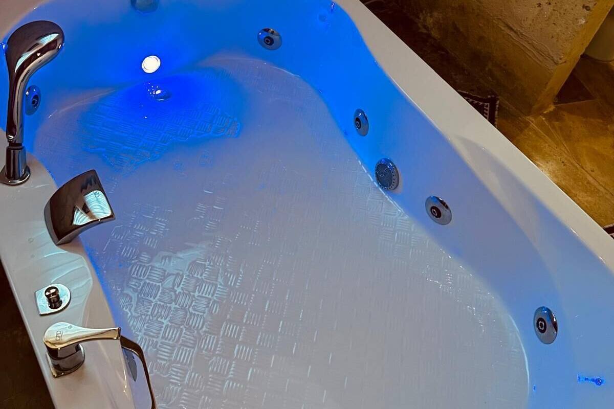 A modern bathroom with a freestanding bathtub, a shower, and a toilet.