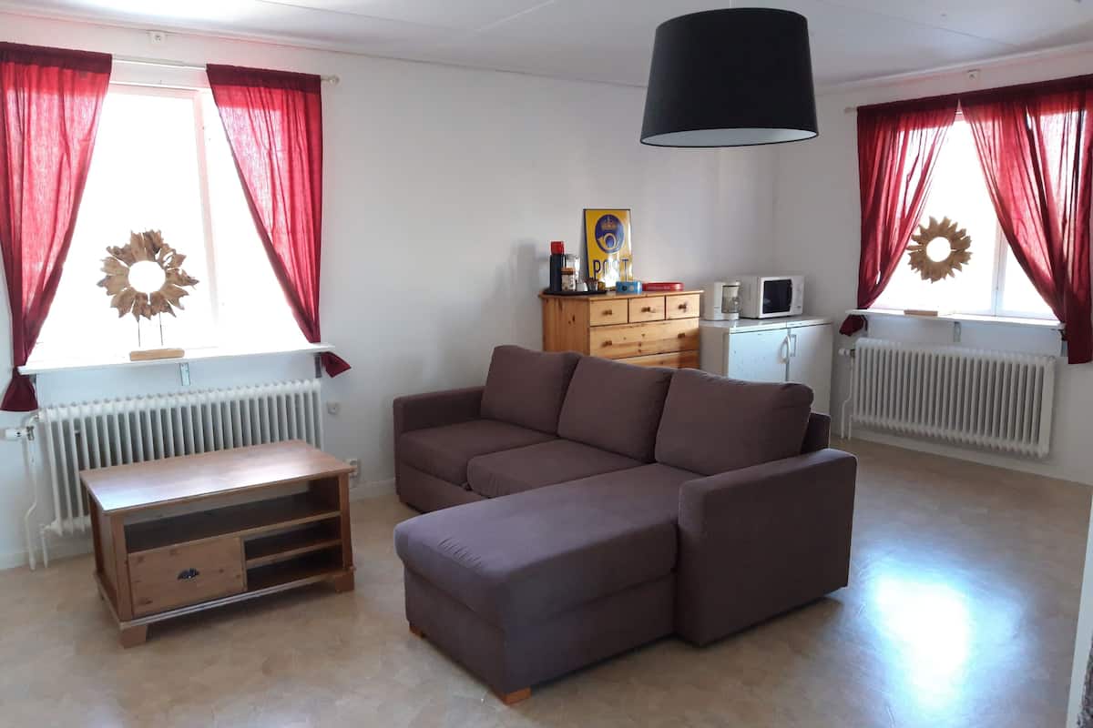 Un salón con un sofá marrón, una mesa de centro de madera y una lámpara colgante negra. Hay dos ventanas con cortinas rojas y un radiador blanco.