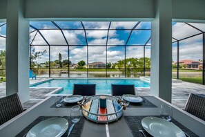 Outdoor pool, a heated pool, pool loungers