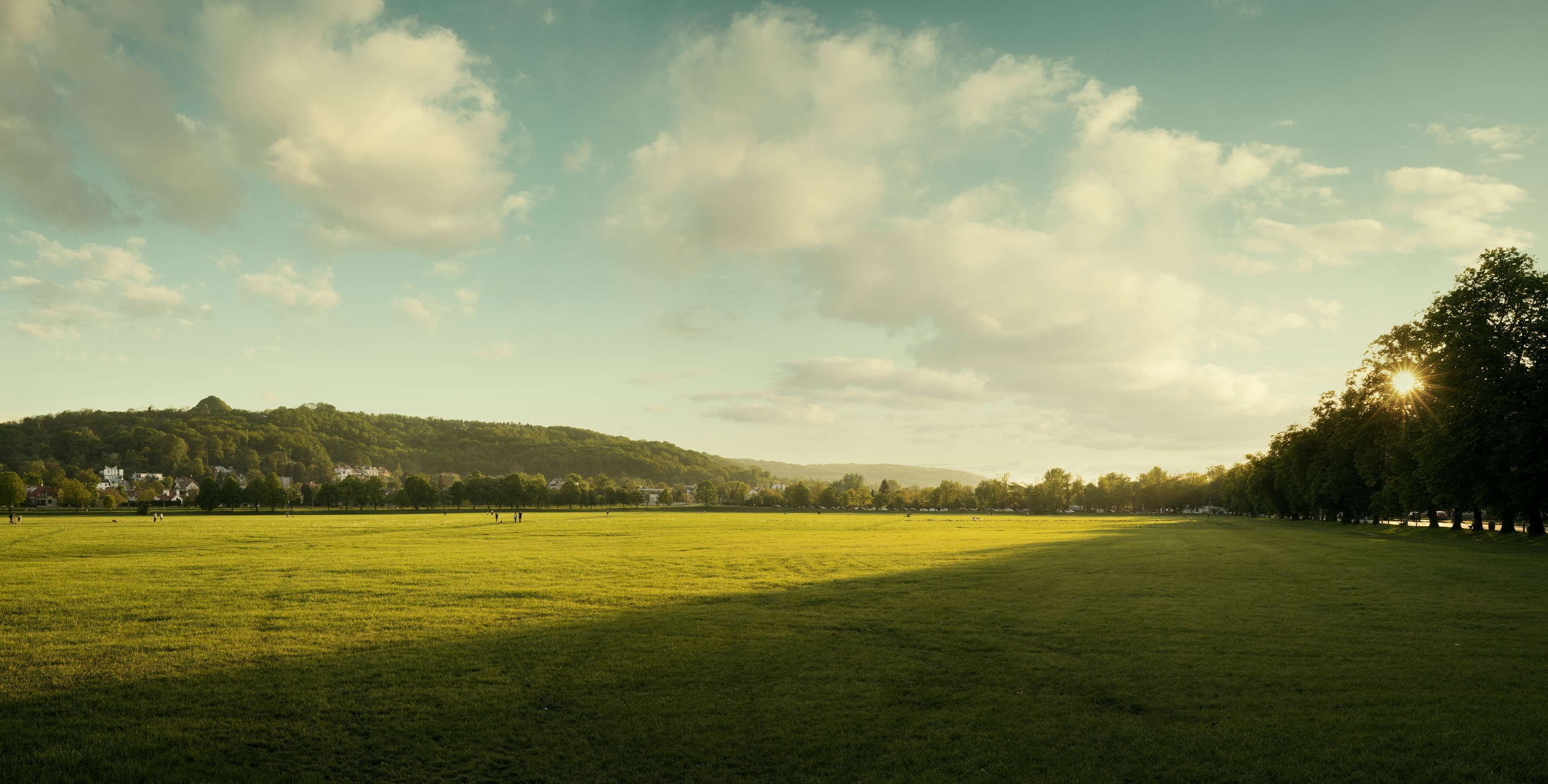A large open grassy field with a hill in the background and a tree line on the right.
