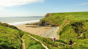 A coastal landscape with a sandy beach, grassy cliffs, and a clear sky. - Druidston Old Farmhouse (Druidston Haven)