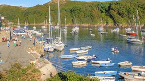 A marina with boats docked, people on the shore, and a hilly backdrop. - Druidston Old Farmhouse (Druidston Haven)