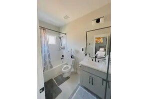 Combined shower/bathtub, hair dryer, bidet, towels