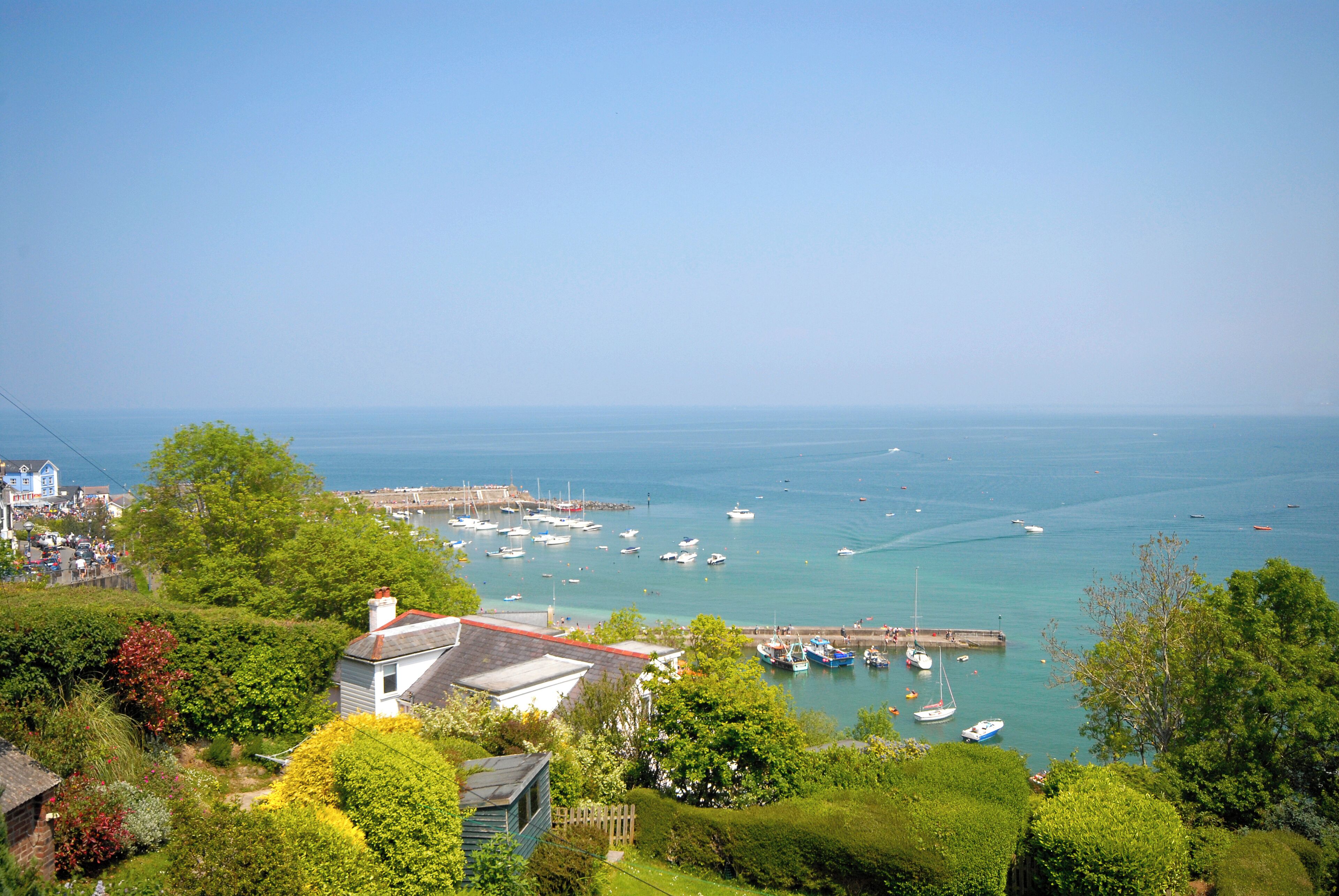 A coastal view with a marina, boats, and a small house surrounded by greenery.