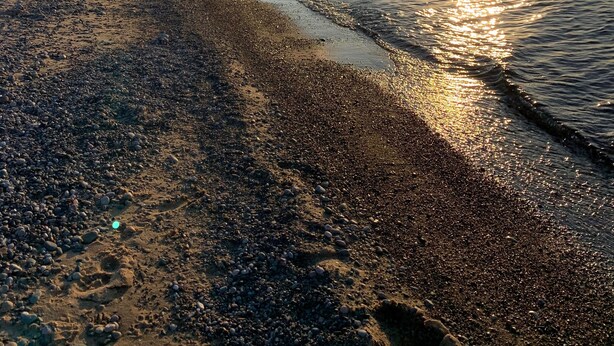 A pebbled beach with the sun reflecting on the water, surrounded by a forested hillside.