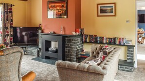 Ein Wohnzimmer mit Kamin, Fernseher, Bücherregal und einer Couch.