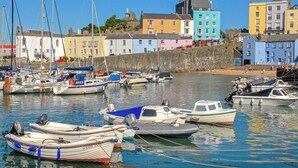A harbor with various boats docked, a stone wall, and colorful buildings in the background. - Manorbier Boat House (Manorbier)