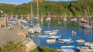 Ein Yachthafen mit verschiedenen vertäuten Booten, ein Strand mit Menschen und ein bewaldeter Hügel im Hintergrund.