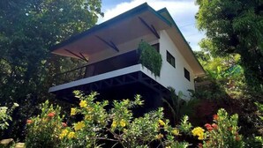 Une maison moderne avec un toit en pente, entourée d’une végétation luxuriante et de plantes en fleurs.