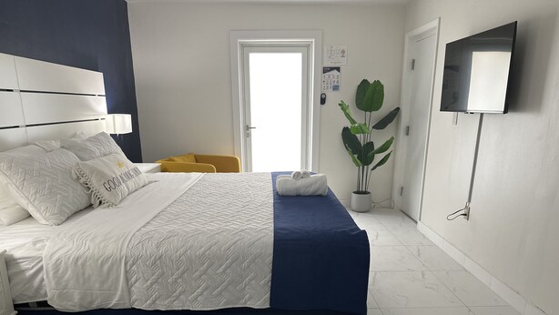 Un lit bien fait, recouvert d’une couvre-lit blanche et bleue, une table de chevet avec une lampe, une plante en pot et un téléviseur à écran plat fixé au mur.