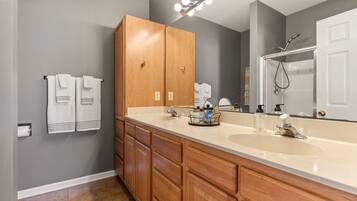 Combined shower/tub, hair dryer, towels, soap