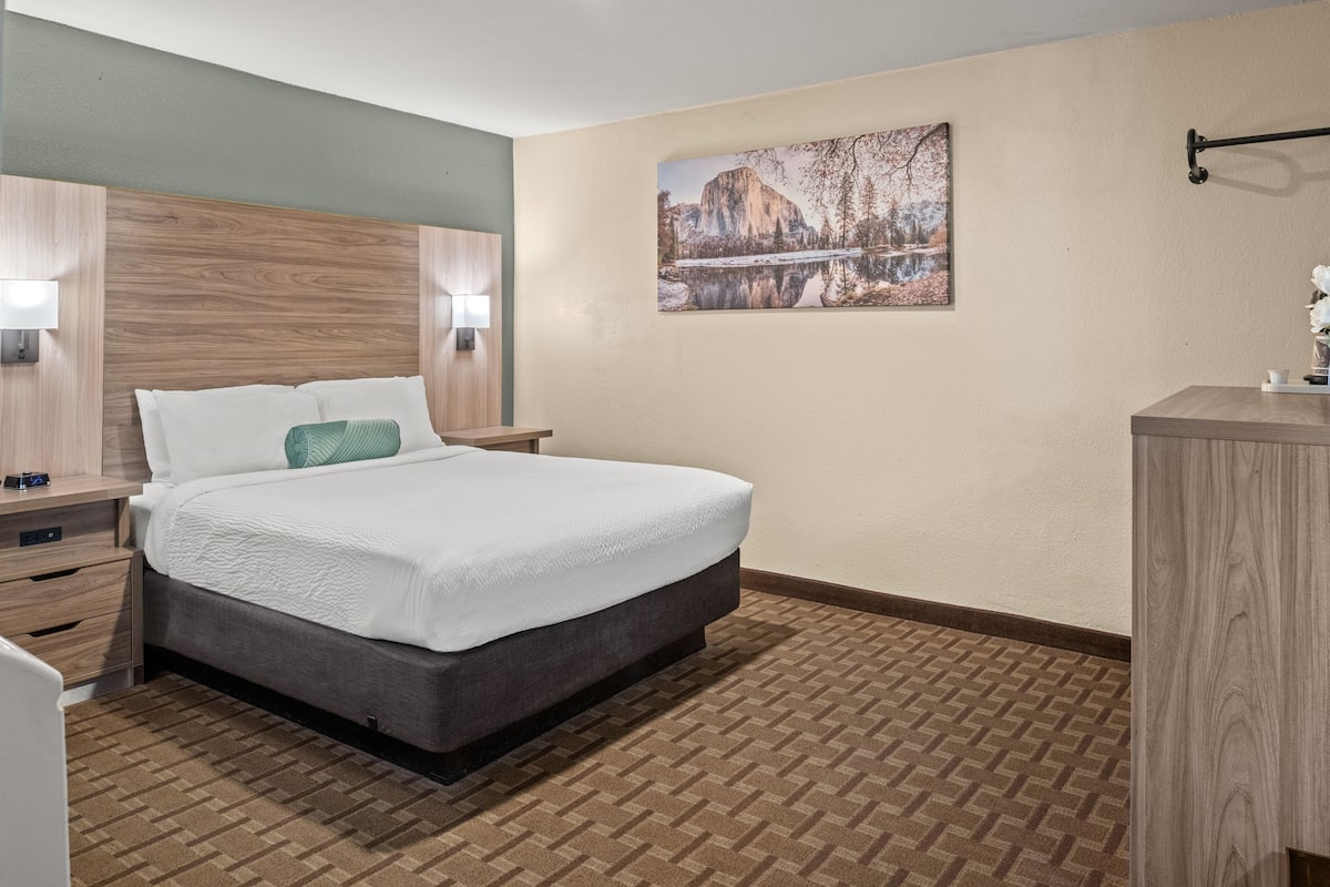 A hotel room with a bed, bedside tables, a nightstand, a desk, a chair, a lamp, a picture on the wall, and a patterned carpet.