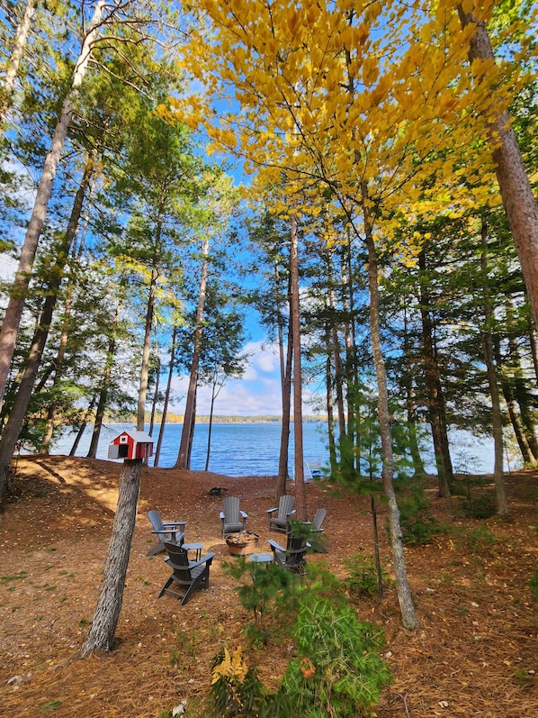 Un camping junto al lago con árboles altos, un comedero rojo para pájaros y sillas Adirondack.