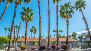 A building with a flat roof and a paved front area with palm trees and flowering shrubs. - Serene 1 bed Casita w/Pool, Spa & Mountain Views (Palm Springs)