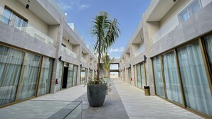 A modern hotel corridor with a central potted palm tree, large windows with curtains, and a tiled floor. - Kyona gold (Jeddah)