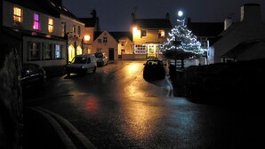 Eine beleuchtete Straße bei Nacht mit Gebäuden, einem Weihnachtsbaum und geparkten Autos.