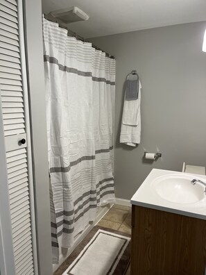 Combined shower/bathtub, hair dryer, towels, toilet paper
