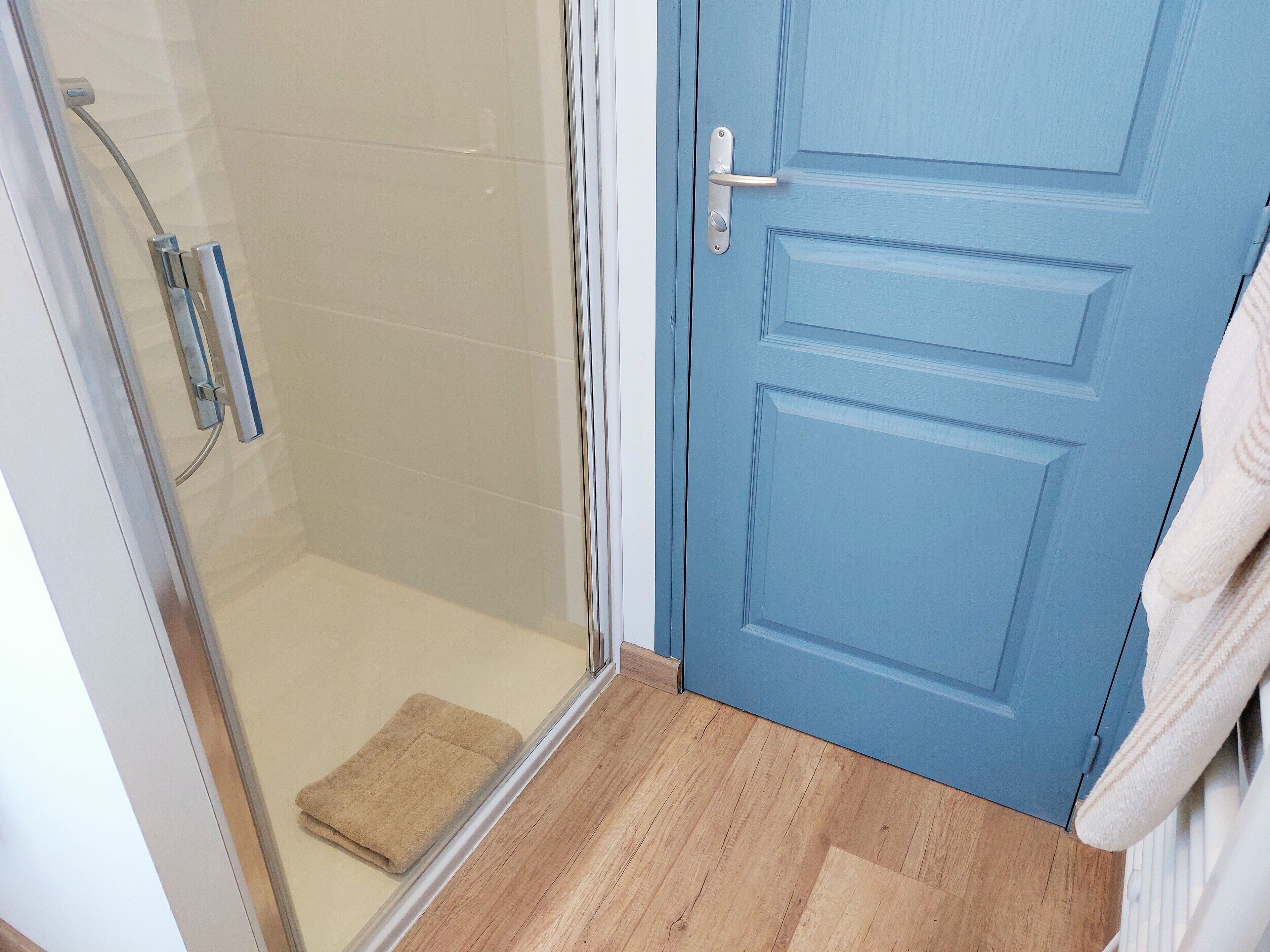 A bathroom with a glass shower enclosure, a blue door, and a wooden floor.