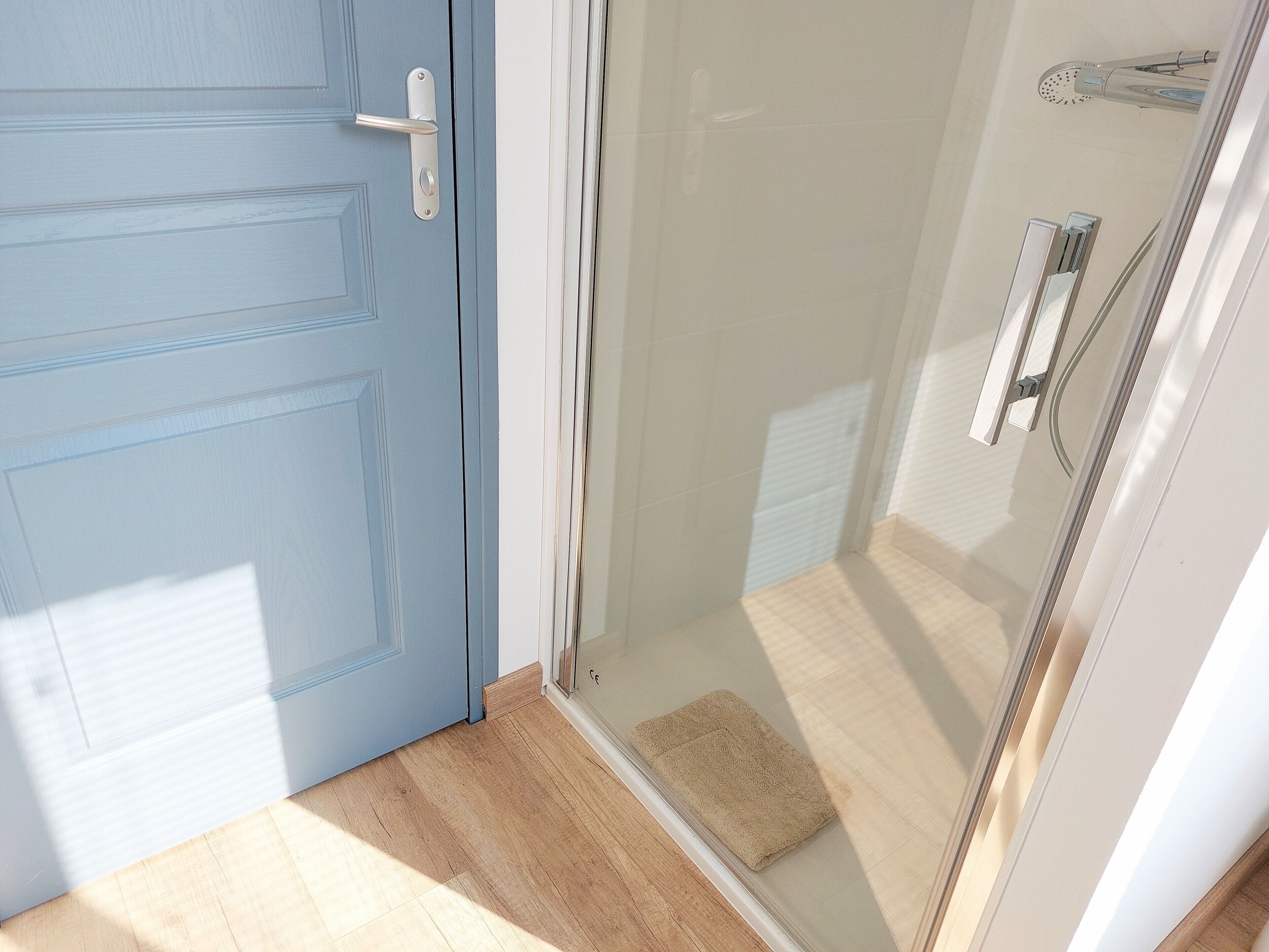 A room with a blue door, a glass shower enclosure, and a wooden floor.