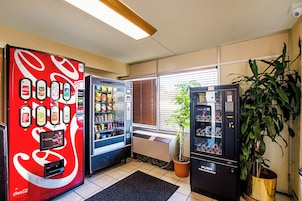 A vending area with Coca-Cola and Sprite machines, a potted plant, and a window with blinds.