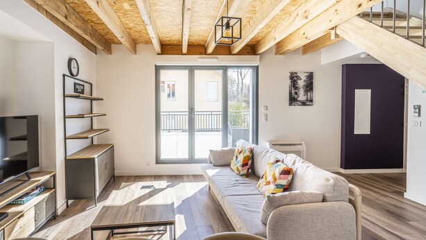 A modern living room with a wooden ceiling, a sofa, a television, and a sliding glass door leading to an outdoor balcony. - Apartment Comfortable in the centre of Pau: parking, AC... (Pau)