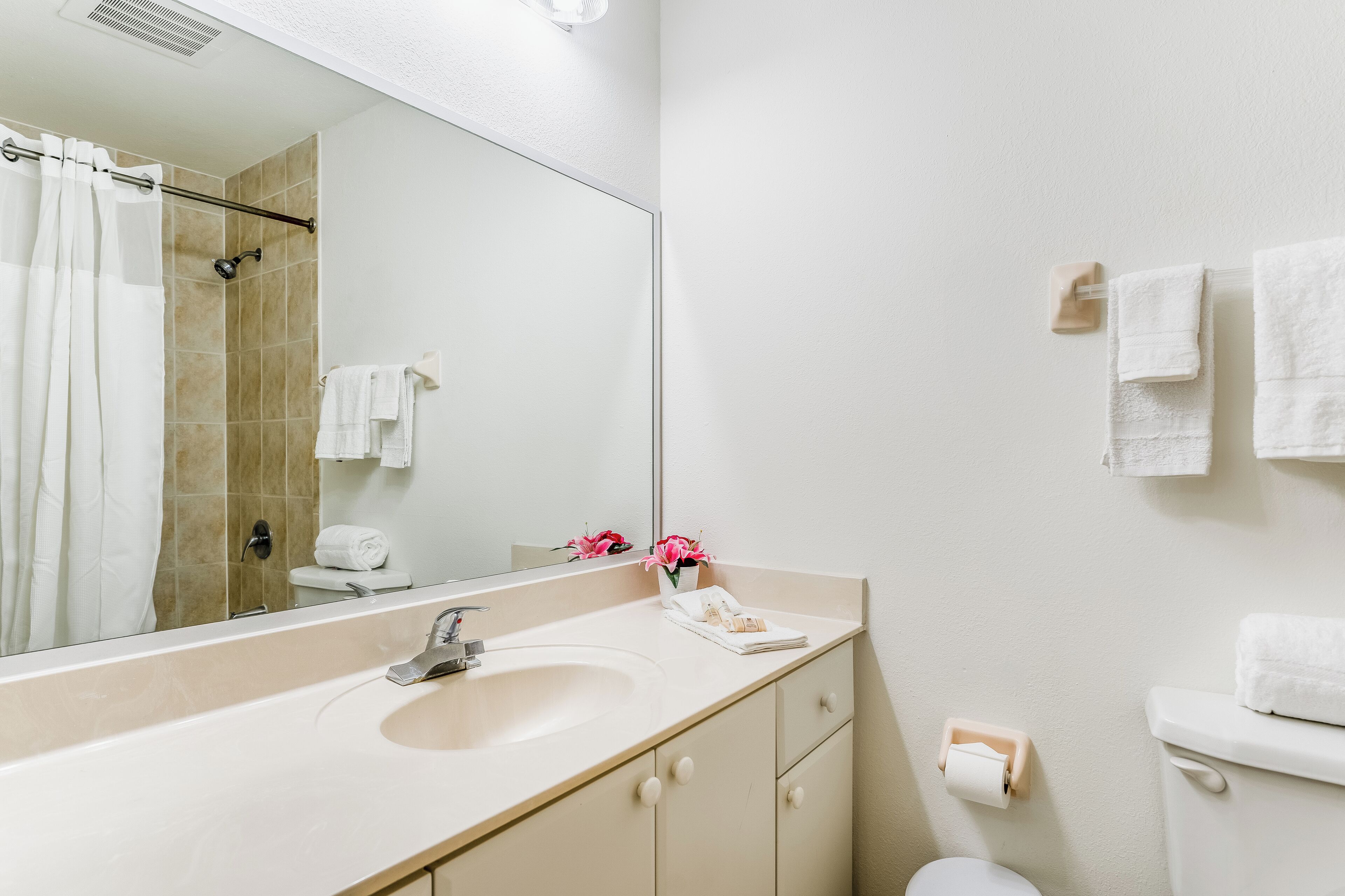 A bathroom with a sink, mirror, toilet, and shower curtain.