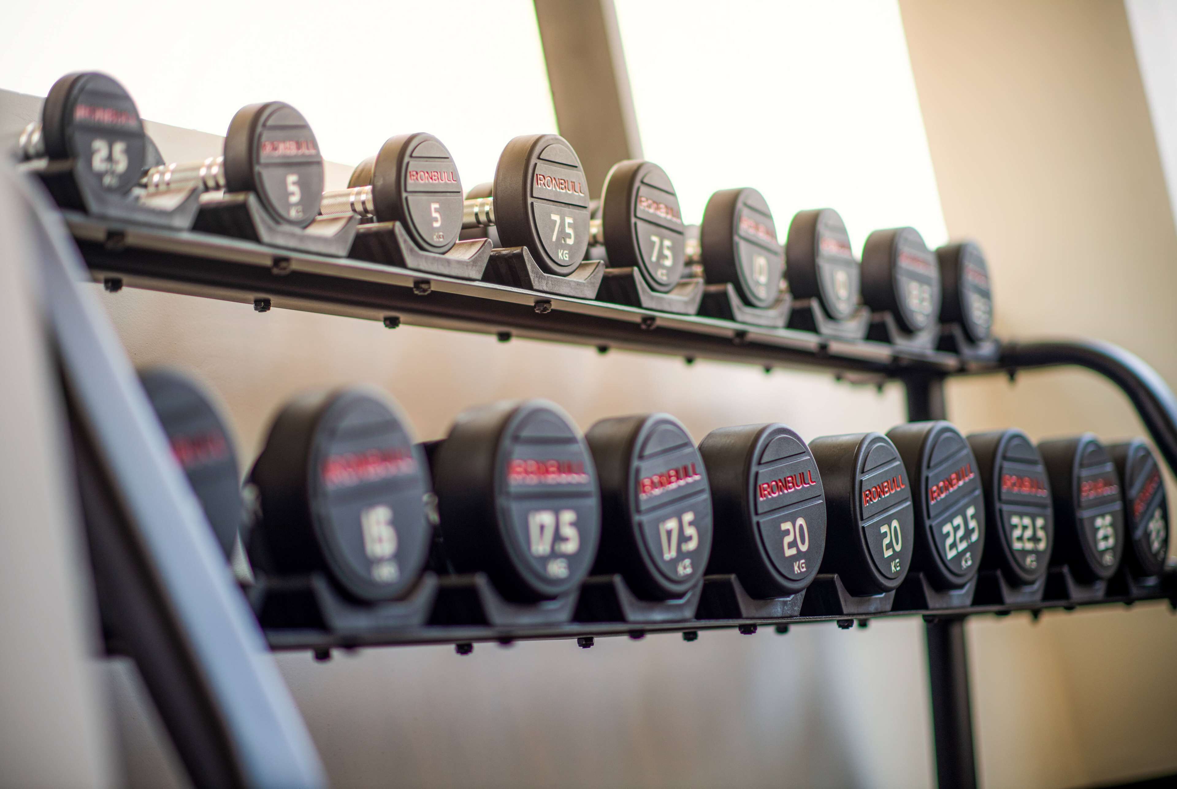 A rack of dumbbells with weights ranging from 2.5 kg to 25 kg.
