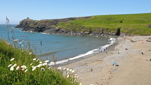Une plage côtière avec une colline herbeuse et une falaise rocheuse.