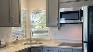 A modern kitchen with grey cabinets, stainless steel appliances, a window with blinds, and a wooden floor.