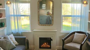 Smart TV, fireplace, DVD player, books