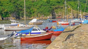A harbor with boats docked along a stone quay, surrounded by lush greenery and hills. - 4 bedroom accommodation in Llanhrian, nr Haverfordwest (Llanhrian, nr Haverfordwest)