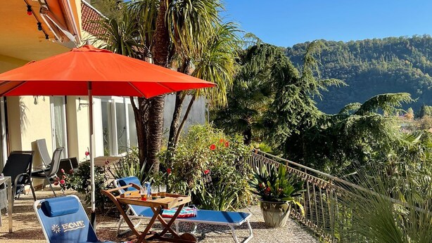 An outdoor seating area with lounge chairs and a red umbrella, surrounded by palm trees and potted plants, overlooking a scenic landscape.