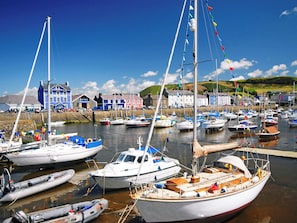 A harbor with various boats docked, a building with a blue facade, and a hillside in the background. - 4 bedroom accommodation in New Quay, near Cardigan (New Quay, near Cardigan)